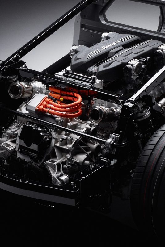 Overhead shot of the Lamborghini LB744 PHEV Powertrain from behind the chassis.