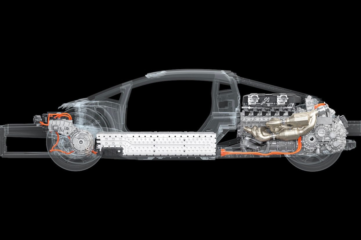 Lamborghini LB744 PHEV Powertrain rendering in a supercar in front of a black background.