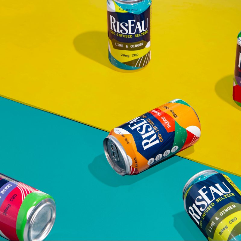 Cans of RisEau cbd drinks.