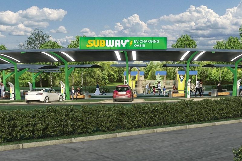 Subway Charging Oasis network rendering with EVs and people in the back in a park.
