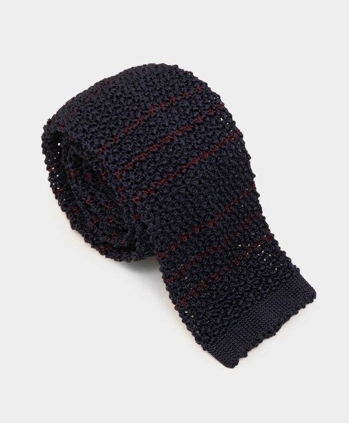 Todd Snyder navy knit tie with red stripes