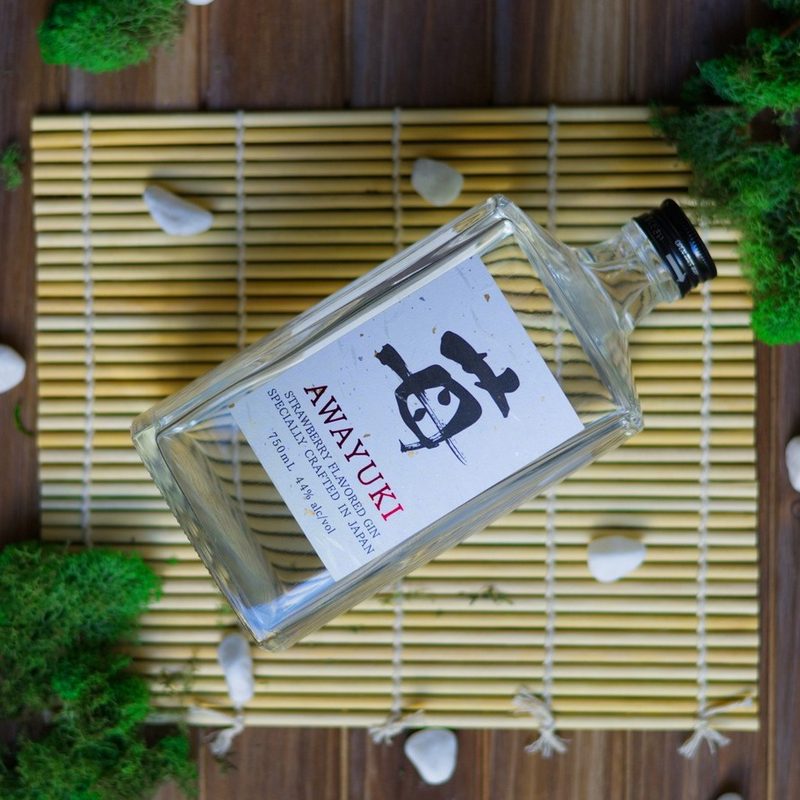 A bottle of Awayuki Strawberry Gin.