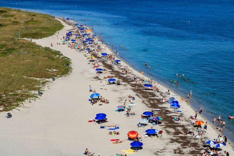 A crowded beach with visitors all along the coast.