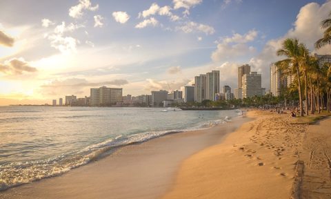 A view of the beach with the city in the distance.