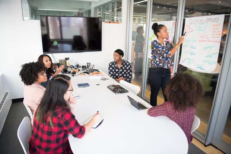 A group having a meeting at work, using a whiteboard.