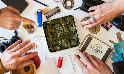 An overhead shot of a group of people all reaching for something on a table that has pot smoking items on it.