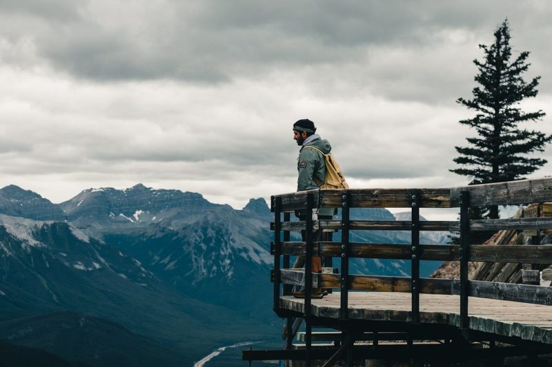 Someone looking over a railing at the mountains at a national park.