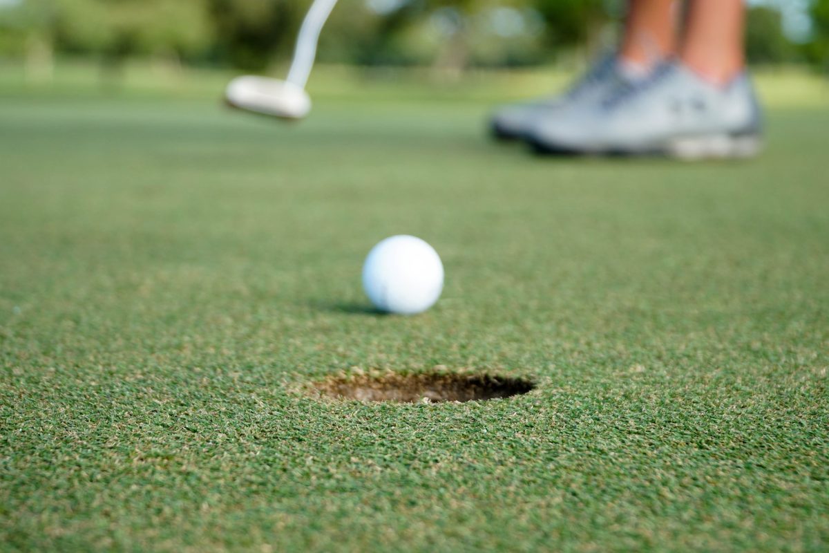 Someone about to sink a shot while golfing.