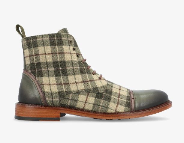 Green plaid cap toe boot with tan base color
