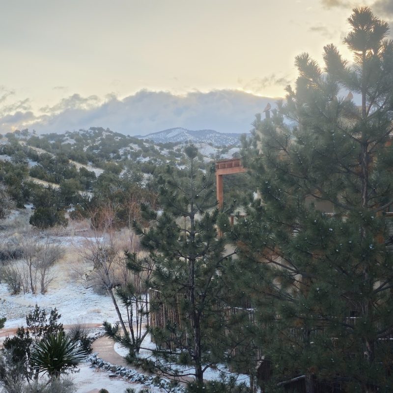 A spectacularly snowy sunrise at the Four Seasons Resort Rancho Encantado Santa Fe in Santa Fe, New Mexico.