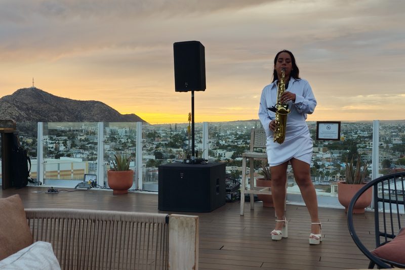 A jazz musician performs at Rooftop 360 at Corazón Cabo Resort & Spa in Cabo San Lucas, Baja California Sur, Mexico.