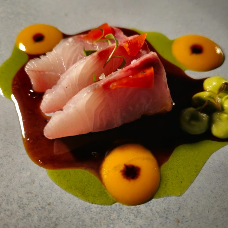 A plate of kampachi and aguachile aboard Animalón by the Sea.