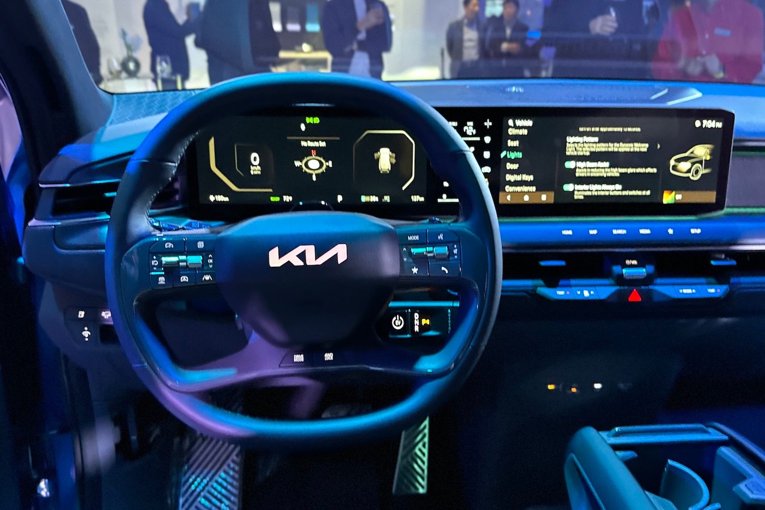 2024 Kia EV9 close up of steering wheel in a studio.