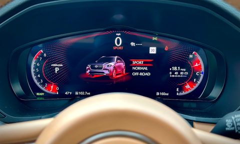 Close up of instrument cluster in the 2024 Mazda CX-90 with sport mode engaged.