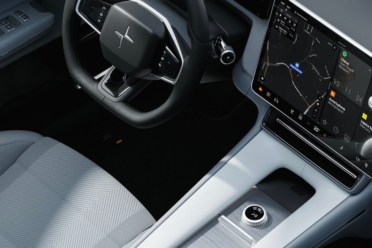 Overhead shot of the center console in the 2025 Polestar 4.