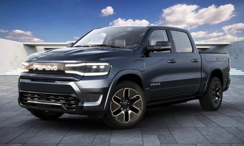 2025 Ram 1500 REV front end rendering from driver's side with blue skies in the back.