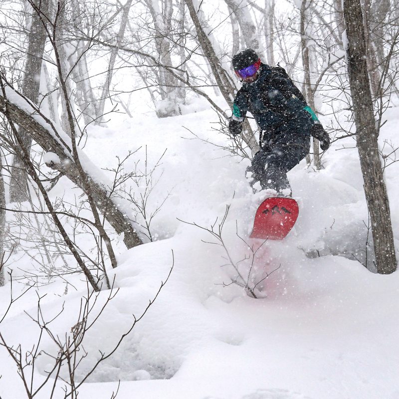 Person snowboarding down a snowy slope surrounded by trees