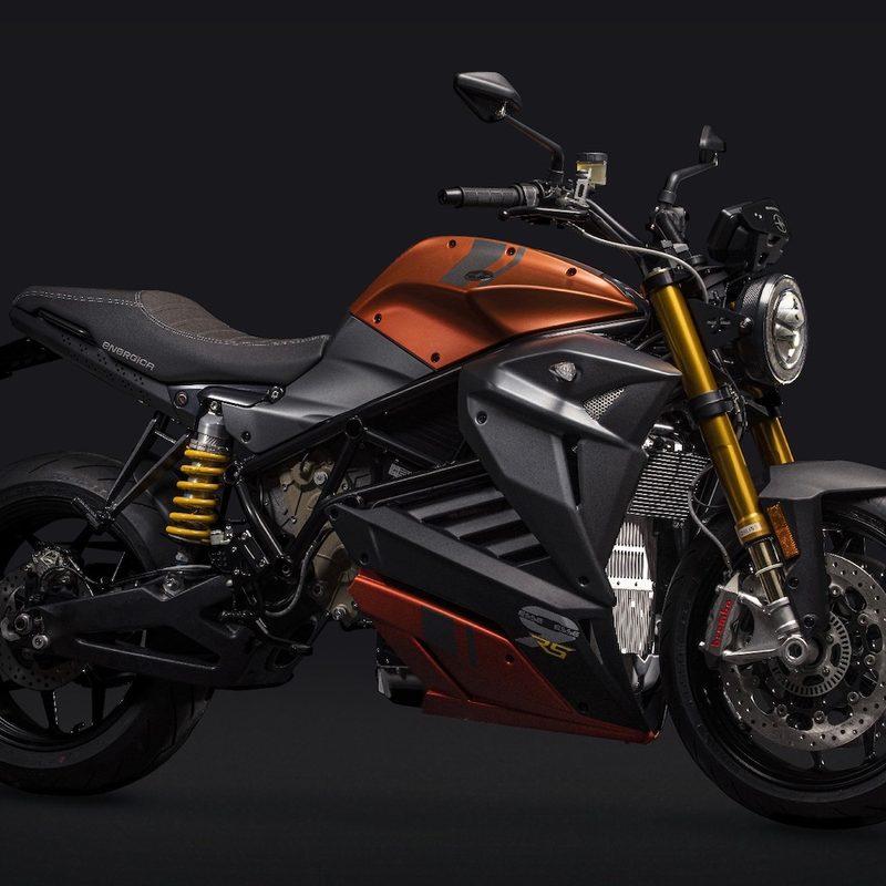 Energica EsseEsse9 front end angle in front of a black screen.
