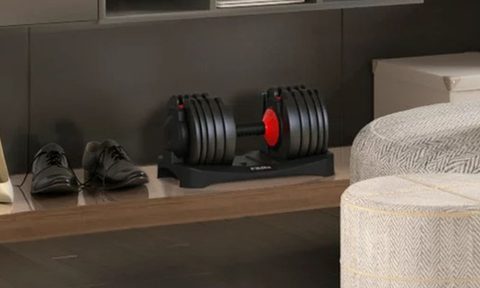 The FitRx SmartBell Adjustable Dumbbell placed on a shelf.