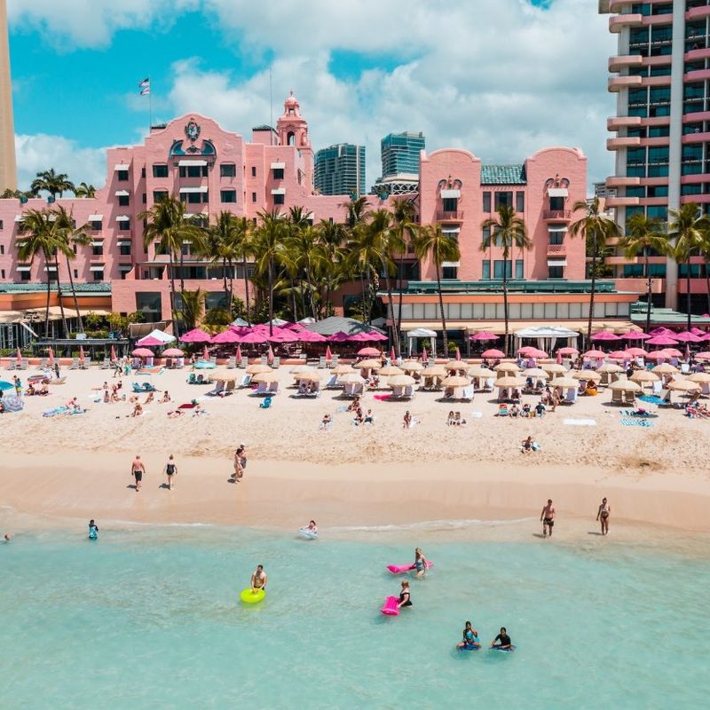 A view of a crowded beach in Hawaii.