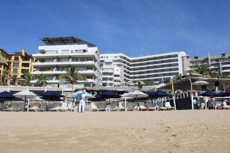 A view of the hotel from the beach: Corazón Cabo Resort & Spa in Cabo San Lucas, Baja California Sur, Mexico.