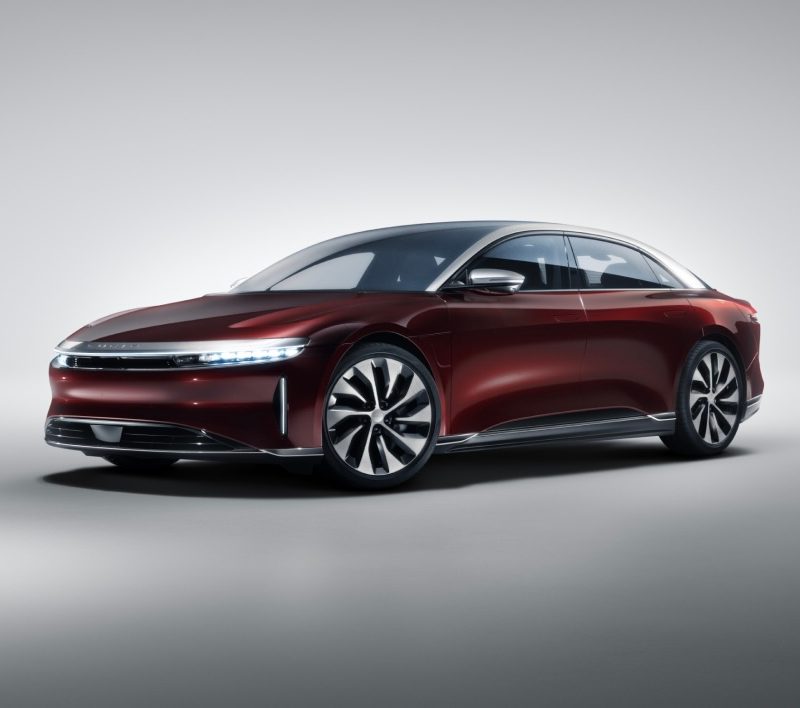 Lucid Air Grand Touring front end angle from driver's side in studio.