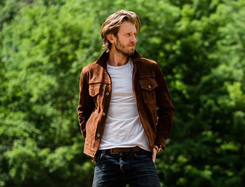 Man wearing Satchel & Page Montgomery Leather Shirt Jacket