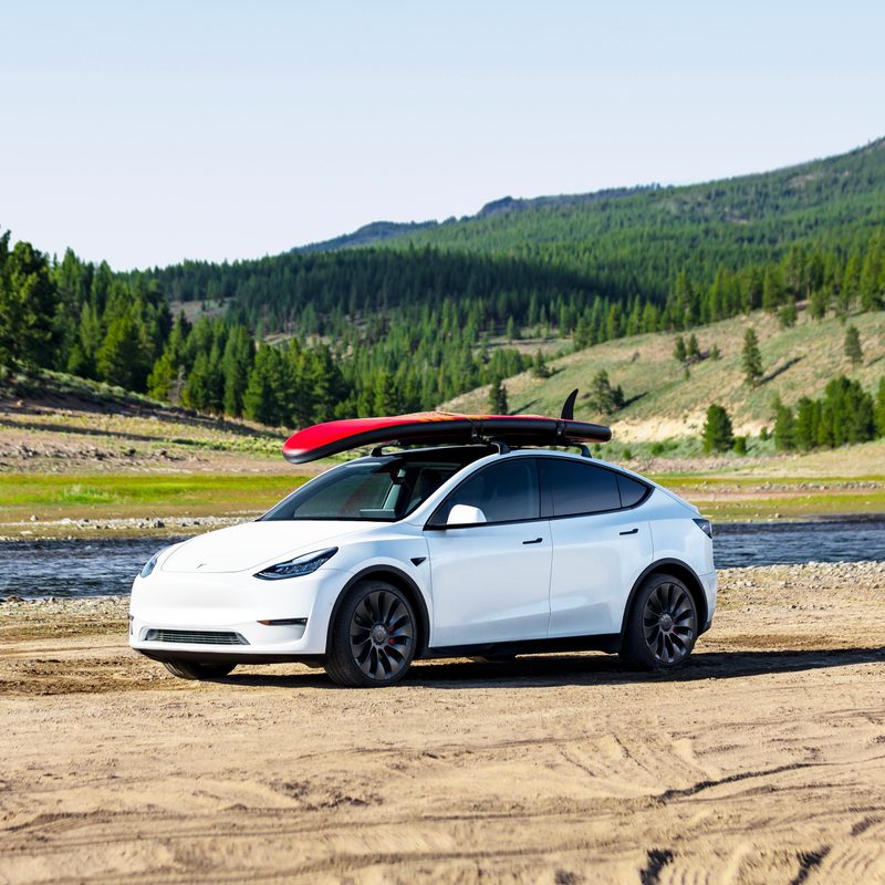 Front end angle of the Tesla Model Y parked in the woods with green hills in the back.