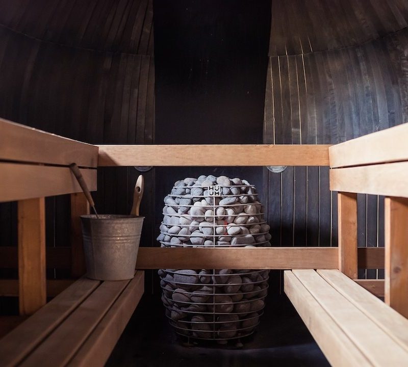 The inside of a sauna
