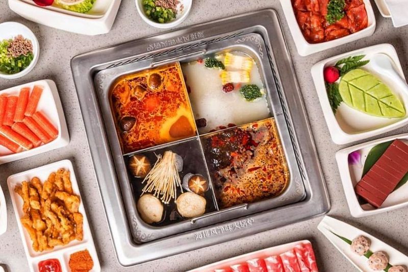 Haidilao hot pot with ingredients.
