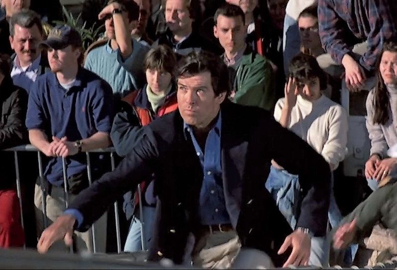 James Bond in double-breasted navy blazer and royal blue shirt