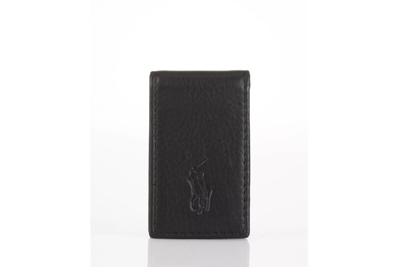 Polo Ralph Lauren pebbled leather money clip in black on a gray background.