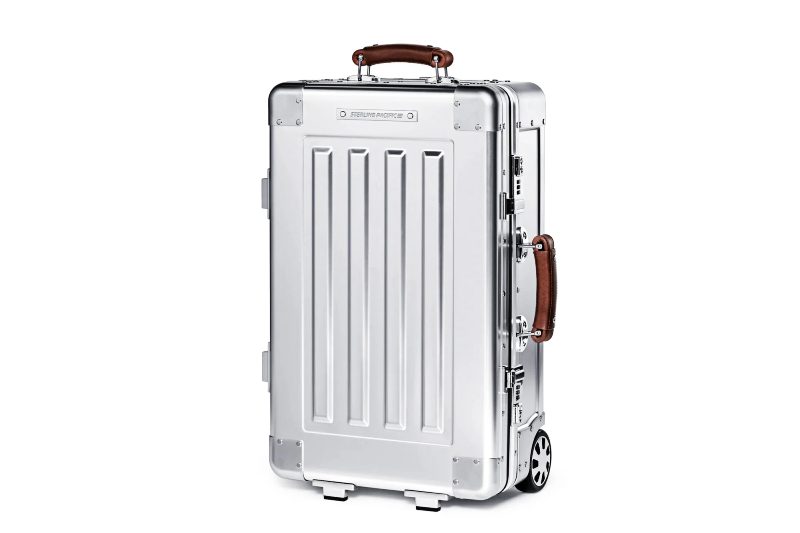 Sterling Pacific 35L Cabin Travel Luggage in a silver aluminum finish on a white background.