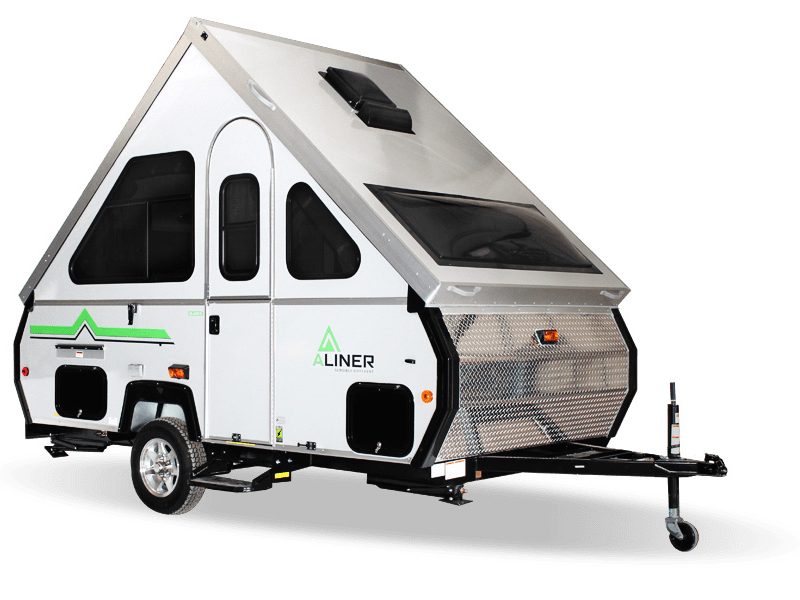 Aliner A-Frame hard-sided travel trailer isolated on a plain white background.