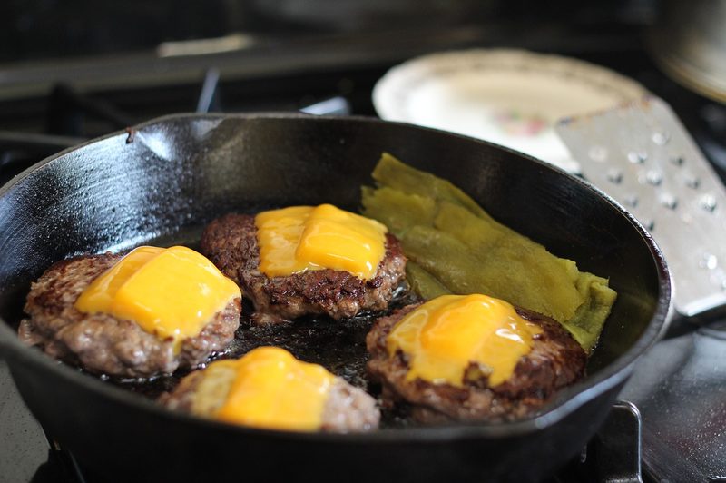 Cheeseburgers in skillet