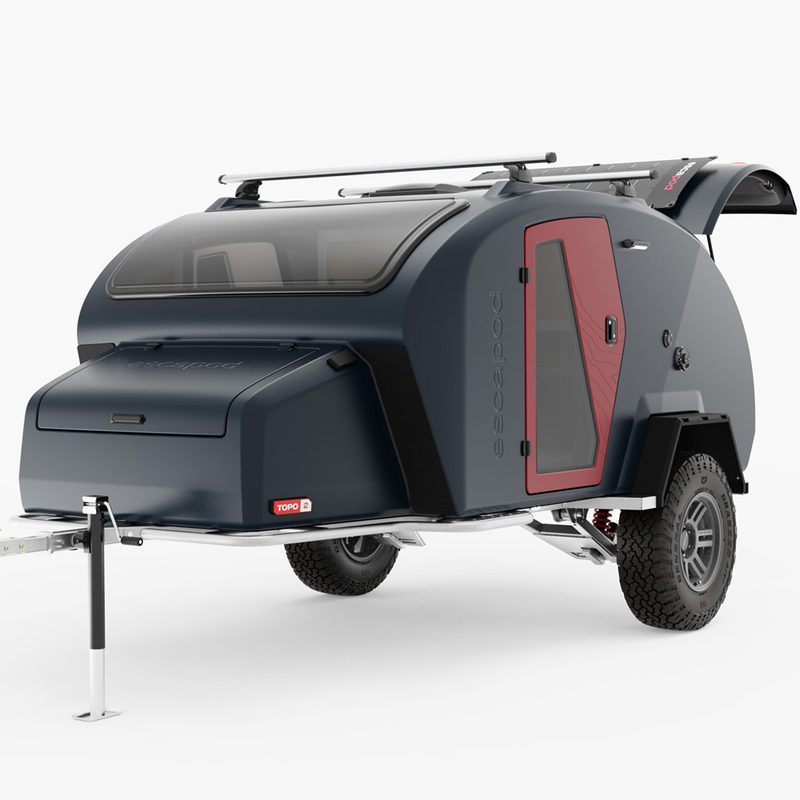 Escapod TOPO2 Teardrop Trailer isolated on a white studio background.