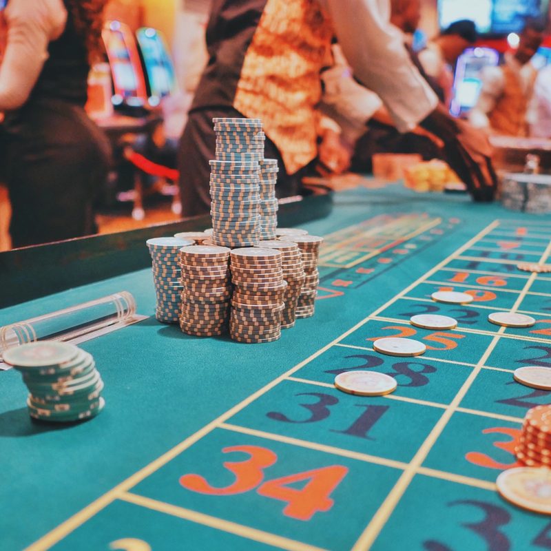 Poker chips on a table; gambling