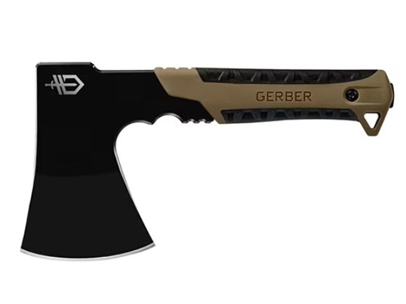Gerber Pack Hatchet / Camping Axe (in Coyote Brown) isolated on a plain white background.