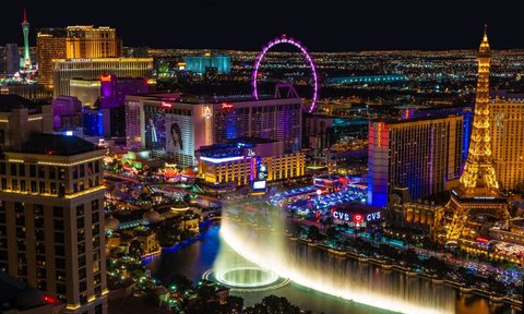 A view of the Vegas strip at night.