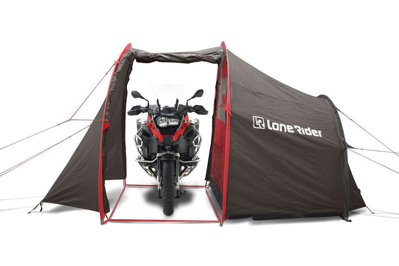 Motorcycle parked inside a Lone Rider MotoTent Motorcycle Camping Tent on a white background.