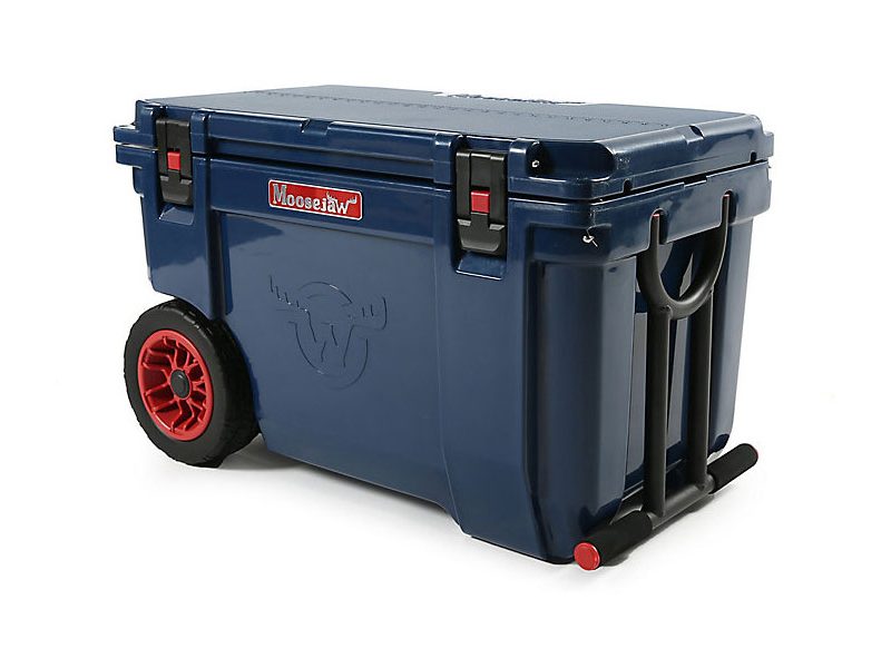 Moosejaw Ice Fort 55 Rolling/Wheeled Cooler (in Navy) on a plain, white background.
