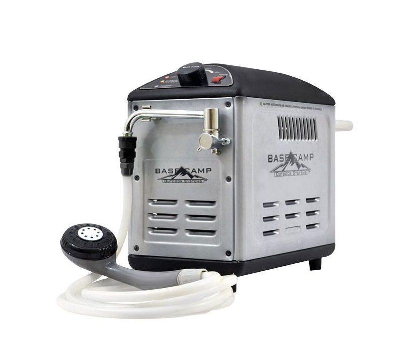 Mr. Heater BOSS-XW18 Basecamp Battery Operated Shower System on a white studio background.
