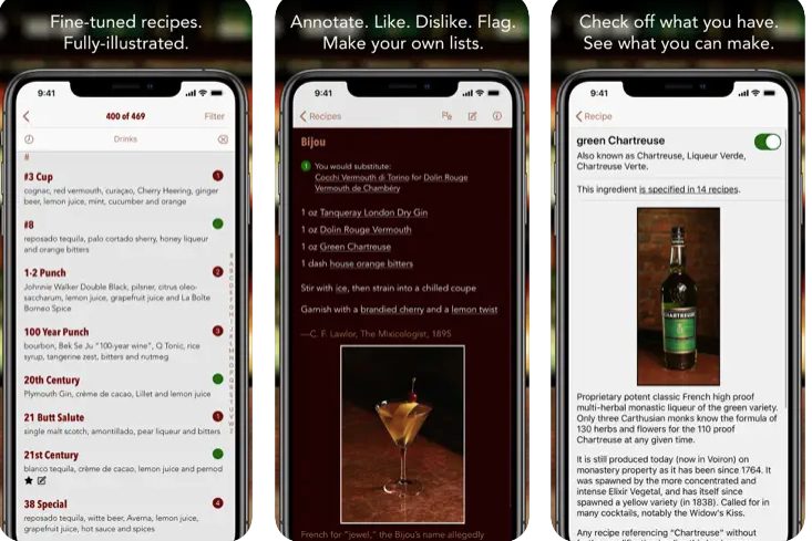 Screenshots from the PDT cocktail app.