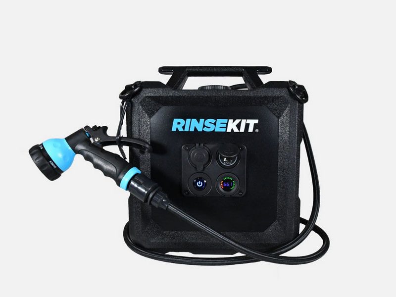 RinseKit Cube Portable Shower for camping on a plain studio background.