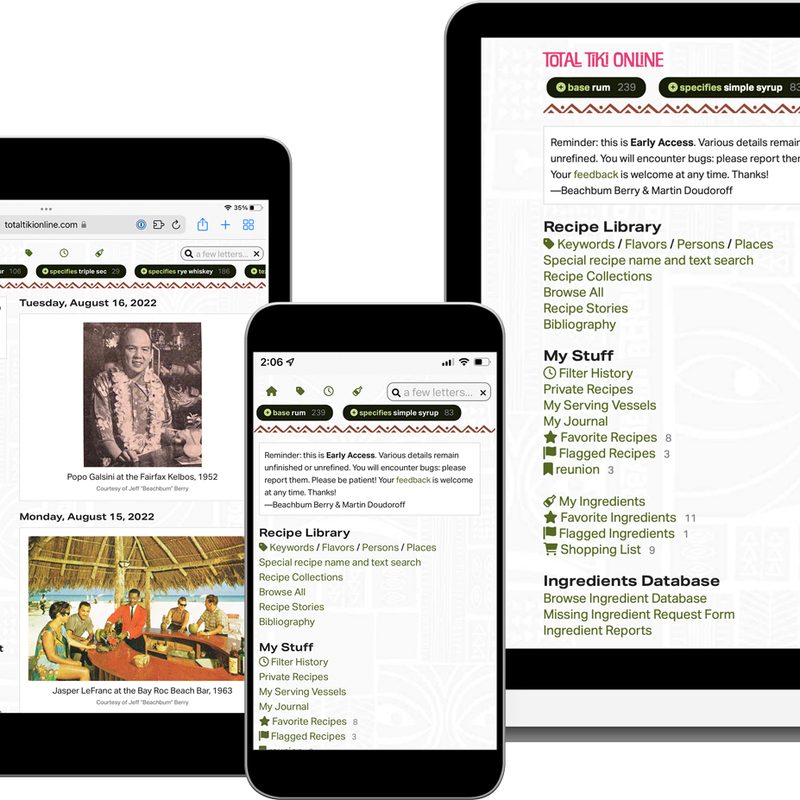 Screenshots from the Total Tiki app from Beachbum Berry.