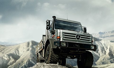 Unimog U 4000 / U 5000 extreme overlanding vehicle parked in a rugged location.