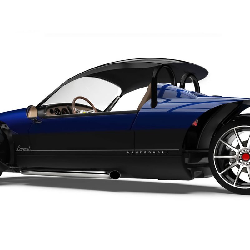 Vanderhall Carmel Three-Wheeler car in blue, isolated on a plain white background.
