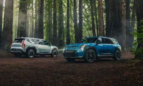 2024 Kia EV9 and EV9 GT Line parked in a forest