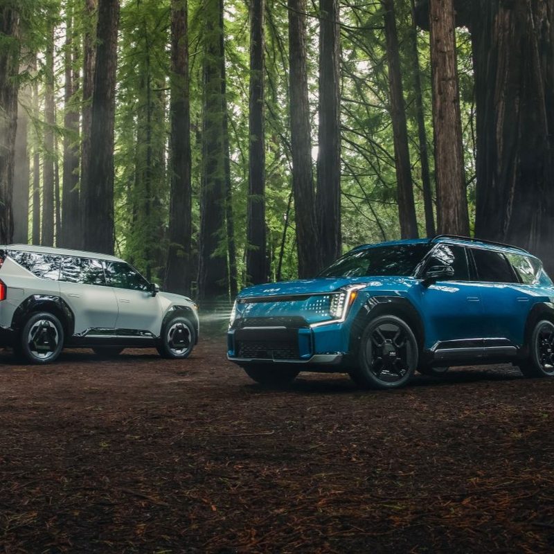 2024 Kia EV9 and EV9 GT Line parked in a forest