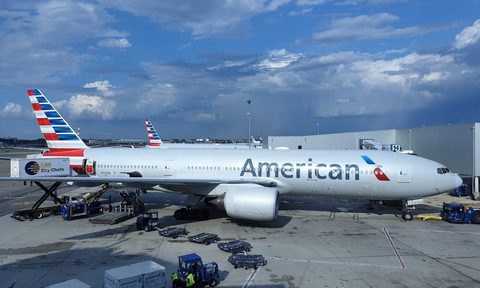 An American Airlines airplane in an airport.